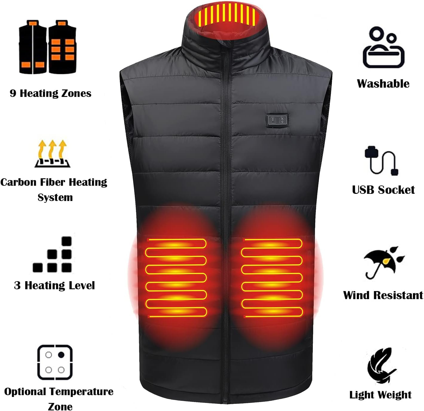 "Stay Warm and Cozy with Our Advanced Men'S Heated Vest - 3 Heating Levels, 9 Heating Zones, Washable, Lightweight, and Includes Battery Pack!"